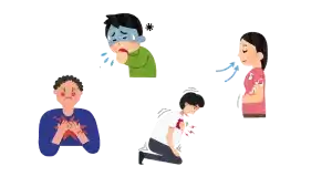 Ilustración y ejemplos visuales relacionados con el asma, sus síntomas, desencadenantes y tratamiento.